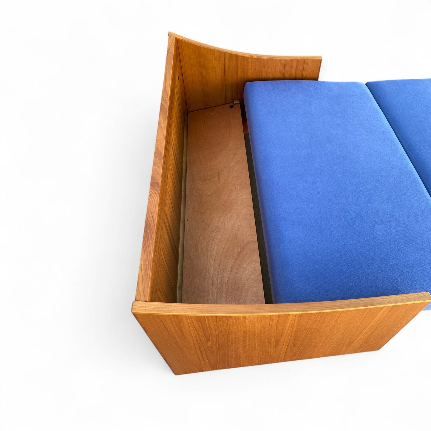 Mid-Century Canadian Teak Pull-Out Sofa Bed in Blue Upholstery, 1970s Modern Convertible Sleeper