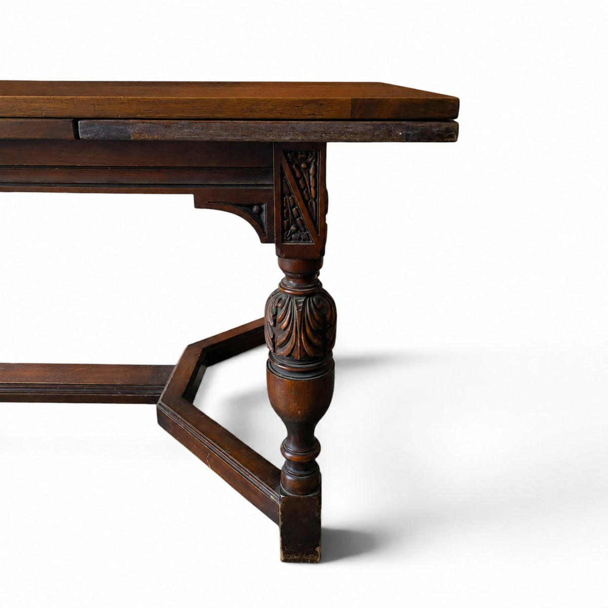 Vintage Walnut Jacobean Revival Refectory Dining Table with Carved Base — view 7 of 15