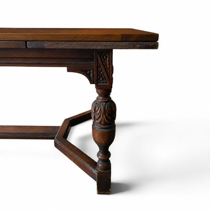 Vintage Walnut Jacobean Revival Refectory Dining Table with Carved Base