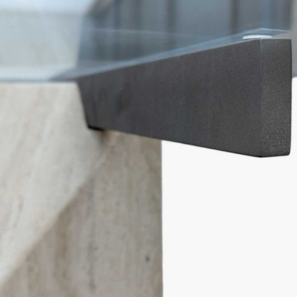 Postmodern Square Glass Coffee Table – Travertine Base, Silver Cross Bars, 1980s Sculptural Minimalist