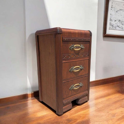 Art Deco Nightstand – 1930s Vintage Bedside Table, Waterfall Edge, 26" Tall, Excellent Condition