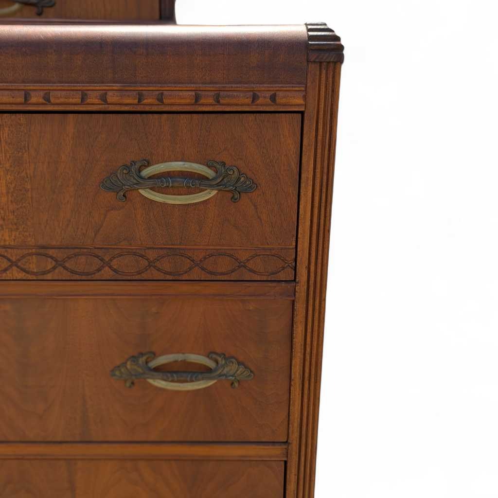 Art Deco Waterfall Chest of Drawers – Vintage 1930s Dresser, Tallboy, Mirror, Solid Wood Storage
