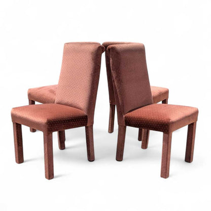 Set of 4 Postmodern Dining Chairs – 1980s Salmon Pink Velvet Upholstery, High Back Chairs, Vintage Modern Design, Sculptural Seating