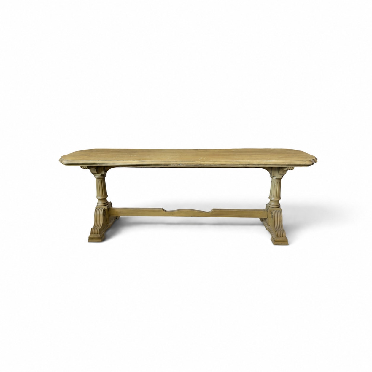 Vintage Butter Yellow Painted Trestle Sofa Table with Scalloped Top