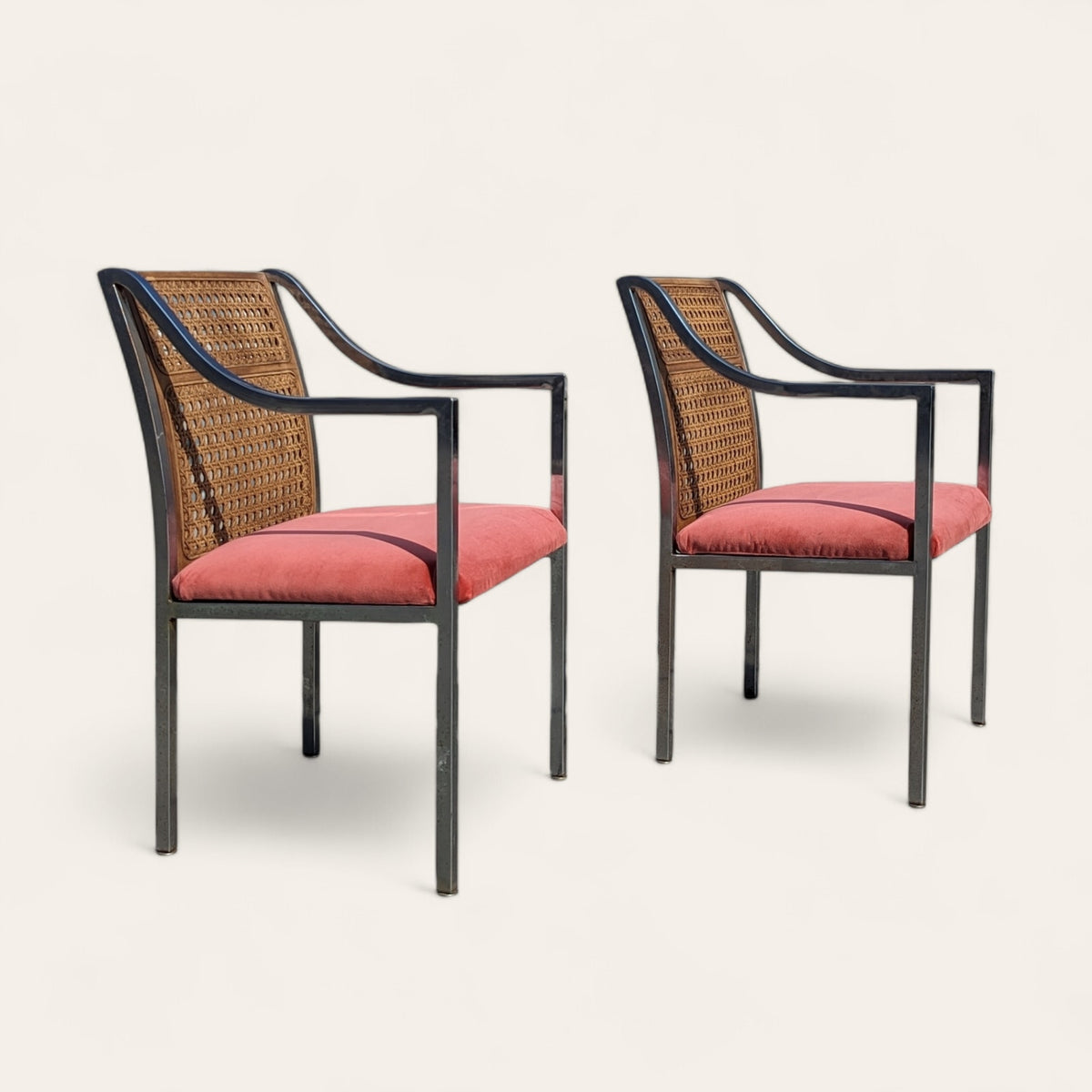 Pair of Mid-Century Chrome and Cane-Back Armchairs in Pink Velvet — view 9 of 16