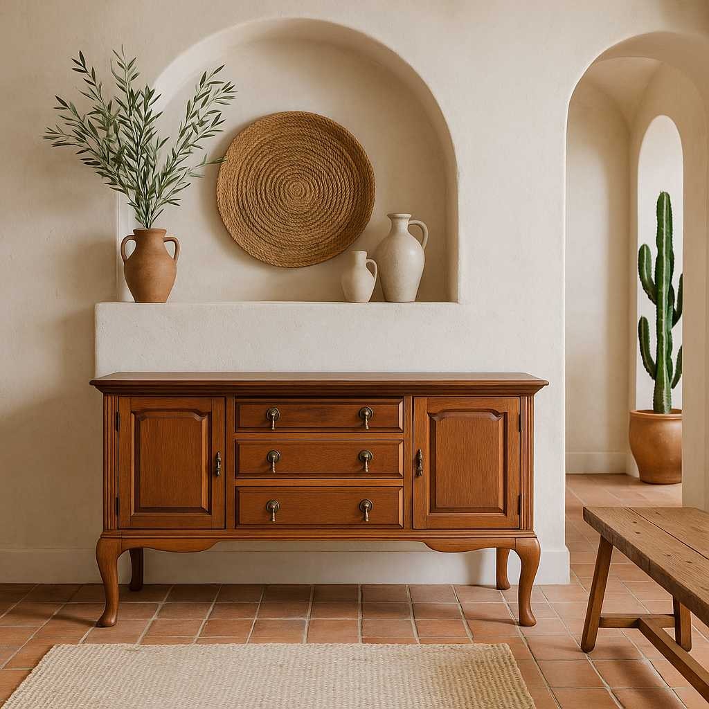 Vintage Oak Sideboard Buffet with Queen Anne Legs, 3 Drawers + Cabinet Storage, Traditional English Style Credenza, 61.75” Wide