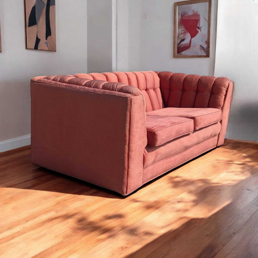 Vintage 1980s Tufted Sofa – Postmodern Loveseat in Rose Upholstery, Milo Baughman Style, 67" Long