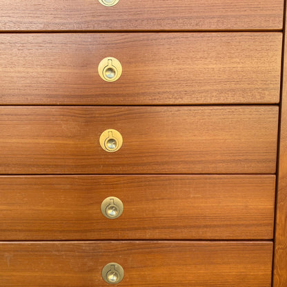 Mid-Century Modern D-Scan Captain Line Tallboy Dresser in Teak with Brass Pulls