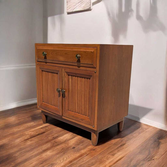 Vintage Solid Wood Cabinet – Small Storage or Nightstand, 25" Wide, Tiger Oak Interior, Fluted Doors, Mid Century