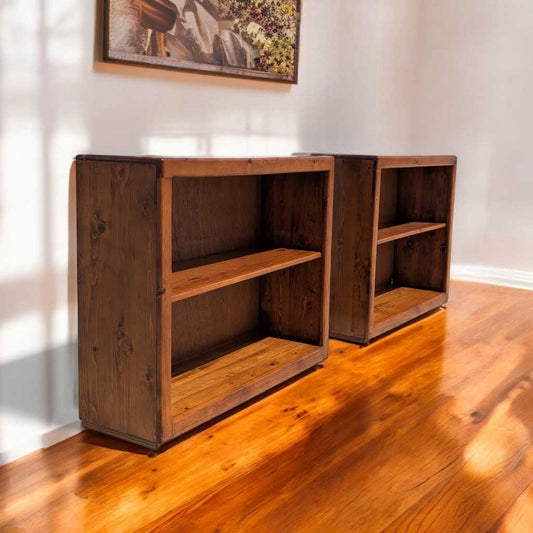 Pair of Vintage Solid Wood Bookcases – Pine Bookshelves 1970s Style, Adjustable Shelves, 36" Wide, Rustic Storage