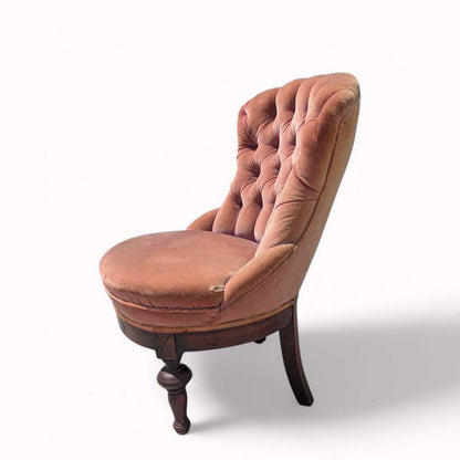 Victorian Style Tufted Slipper Chair – Pink Velvet Upholstery, Carved Wood Base, Antique Accent Chair