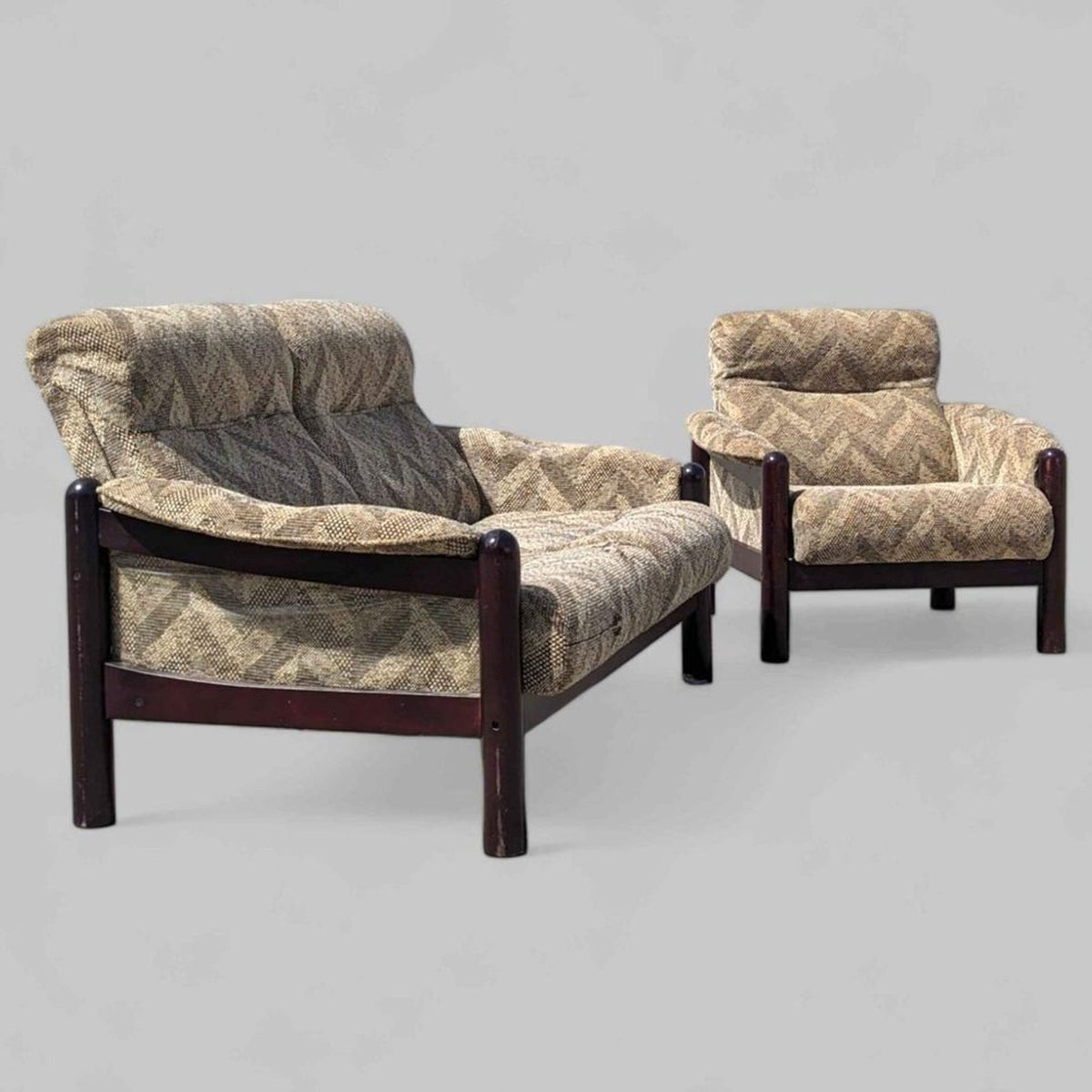 Vintage Wood-Frame Loveseat and Lounge Chair Set