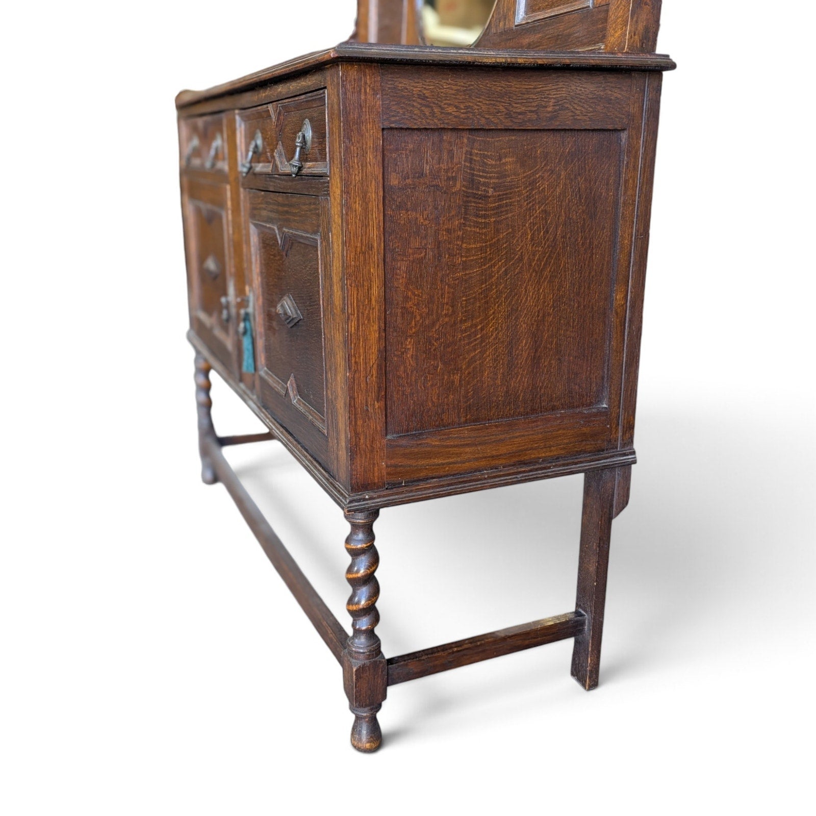 Antique Jacobean Revival Buffet with Mirrored Gallery and Barley-Twist Legs — view 5 of 16