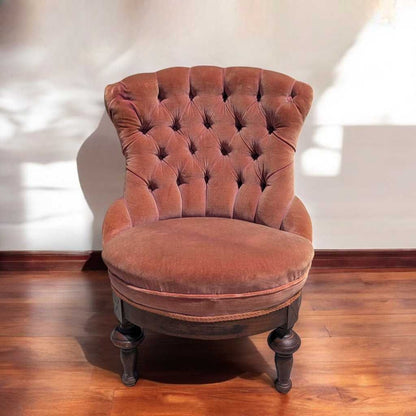 Victorian Style Tufted Slipper Chair – Pink Velvet Upholstery, Carved Wood Base, Antique Accent Chair