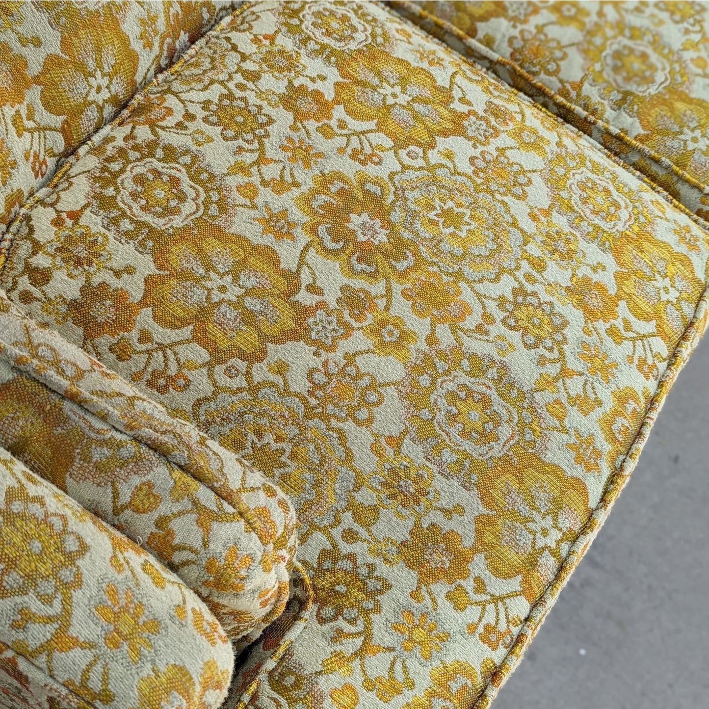 Vintage Hollywood Regency Floral Brocade Tufted Sofa, Yellow, Maximalist, MCM, Retro, Fun, Living Room