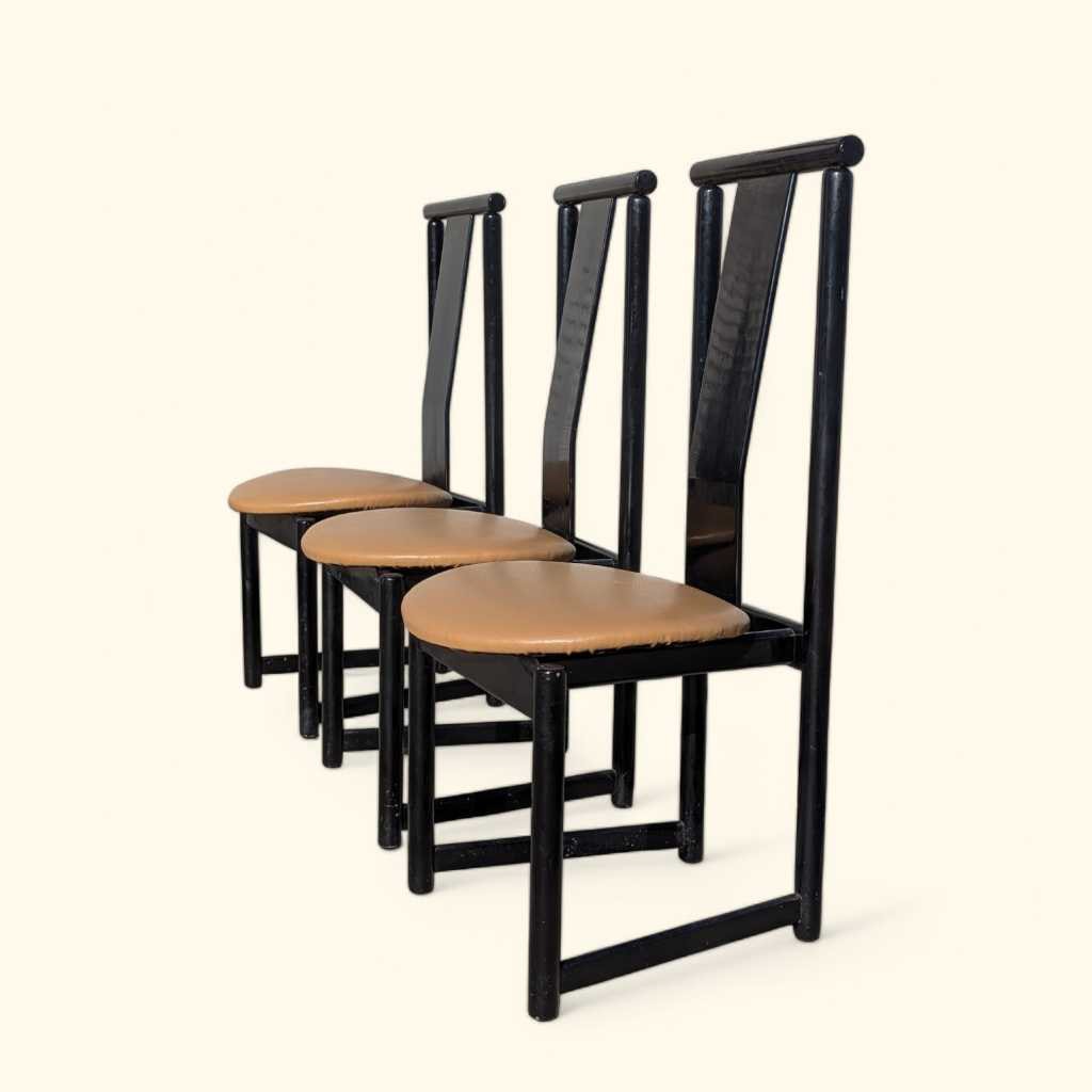 Set of Six BiF Postmodern Black Lacquer Dining Chairs, 1980s