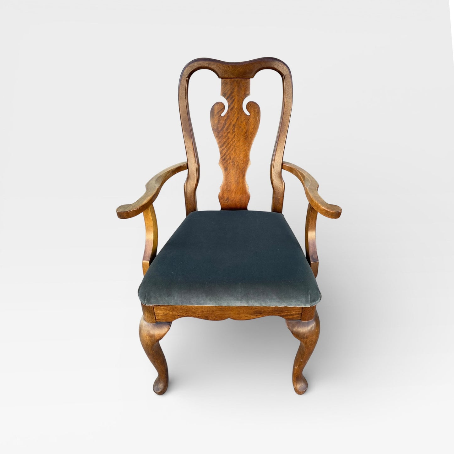 Set of Six Antique Queen Anne Walnut Dining Chairs with Slate-Blue Upholstery