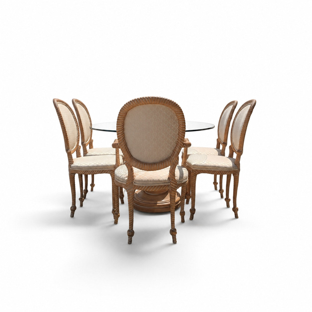 Vintage Carved Wood Oval Glass Dining Set with Six Upholstered Chairs — view 6 of 16