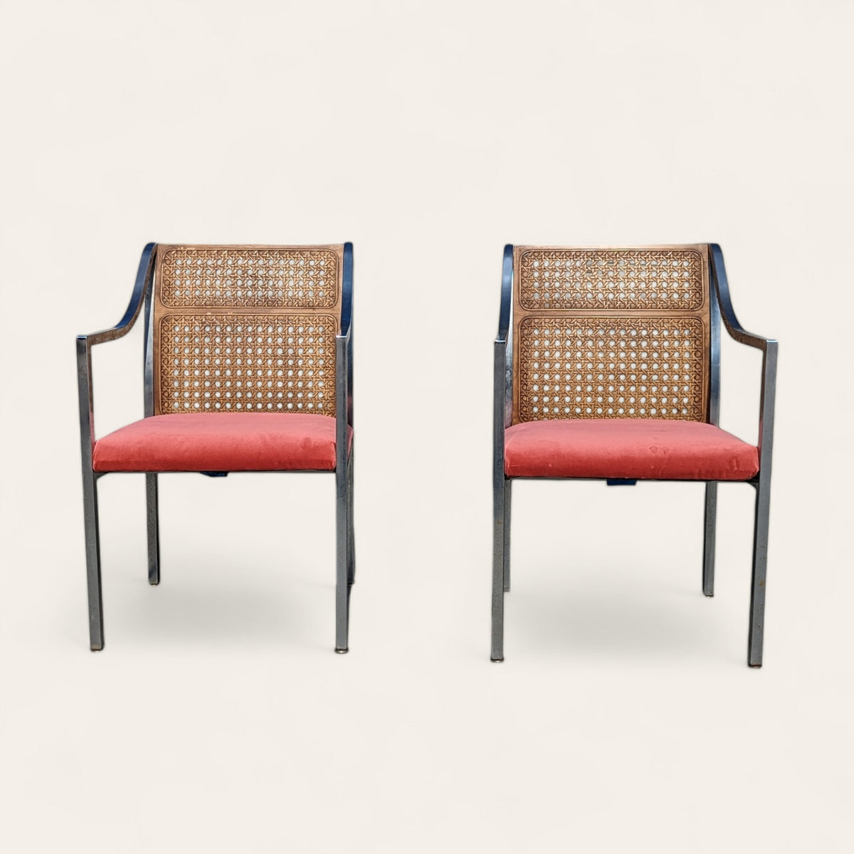 Pair of Mid-Century Chrome and Cane-Back Armchairs in Pink Velvet — view 4 of 16