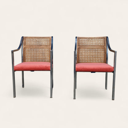 Pair of Mid-Century Chrome and Cane-Back Armchairs in Pink Velvet