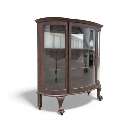 Vintage Curved Glass China Cabinet – Bow Front Display Hutch w/ Claw Feet, 49" Wide, Early 20th Century Style
