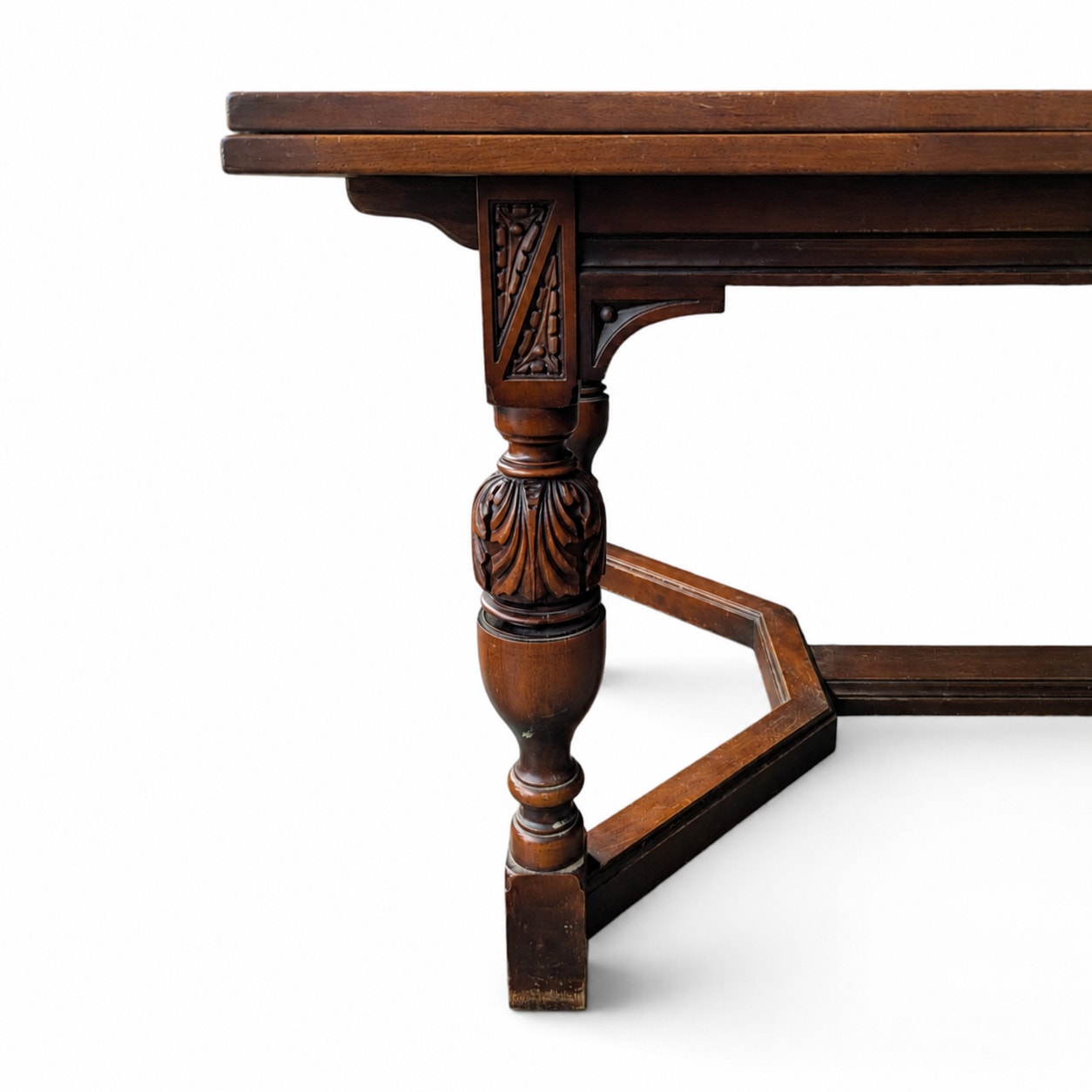 Vintage Walnut Jacobean Revival Refectory Dining Table with Carved Base