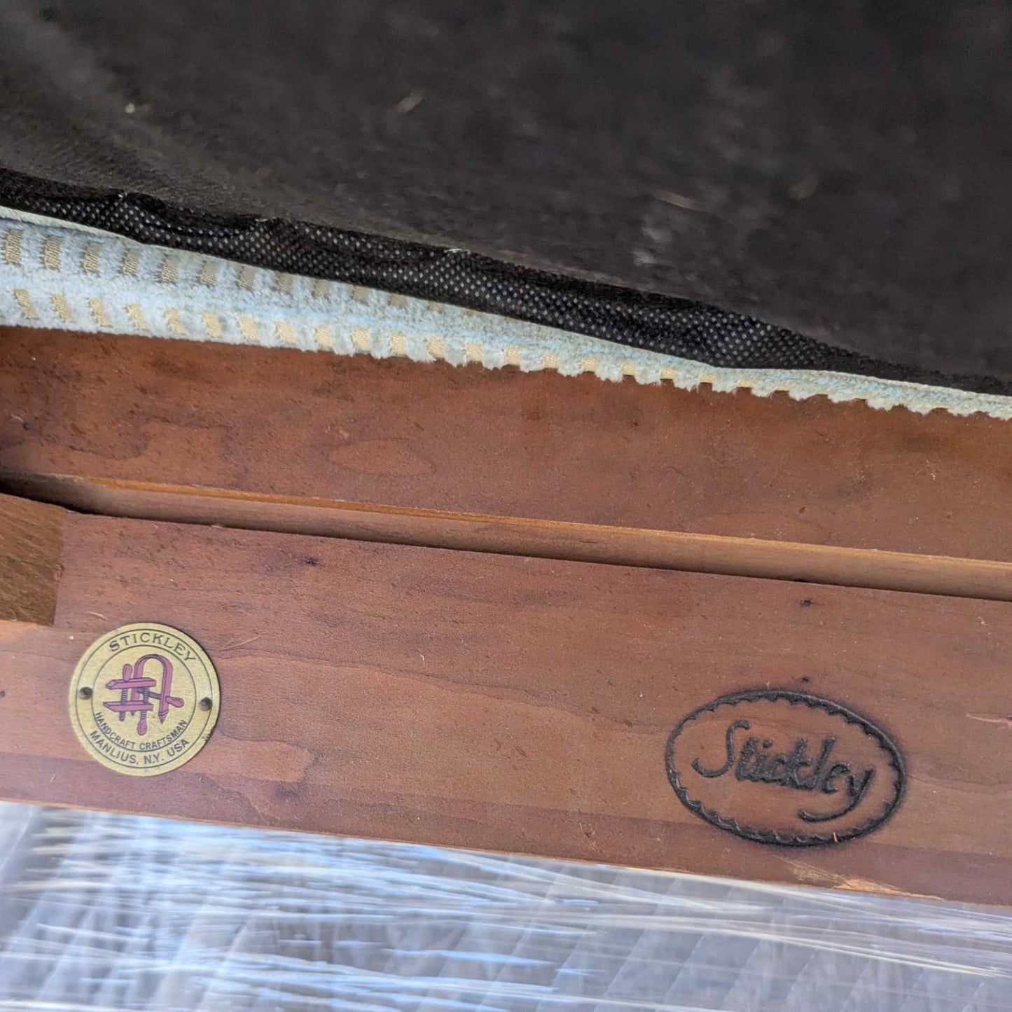 Stickley 21st Century Cherry Sofa, Pale Blue Textured Velvet Upholstery