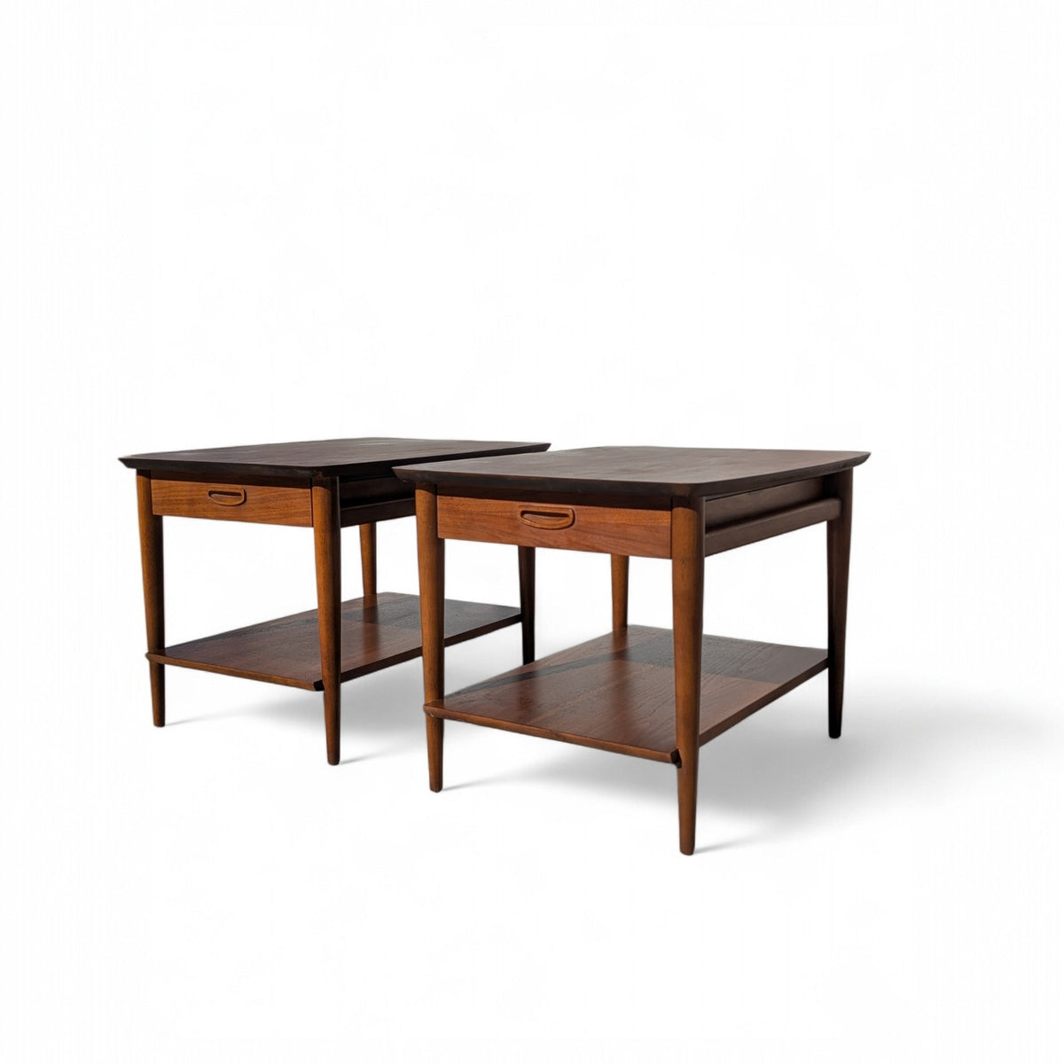 Pair of 1960s Lane Walnut Nightstands with Drawers and Lower Shelves