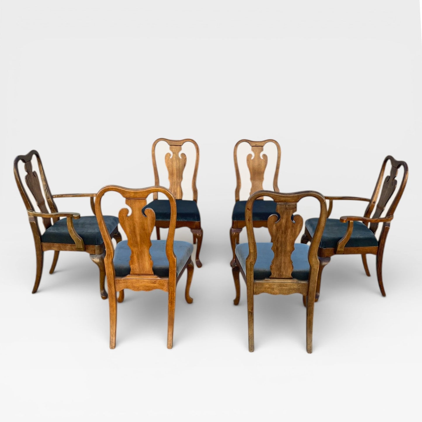 Set of Six Antique Queen Anne Walnut Dining Chairs with Slate-Blue Upholstery