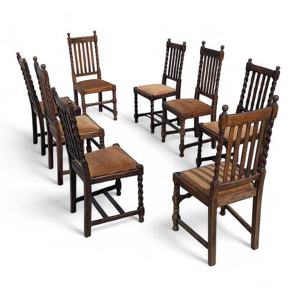Eight Antique Dining Chairs – Vintage Wooden Chairs, Set of 8, Oak, Barley Twist, Rustic, Farmhouse, Traditional, Dining, Kitchen