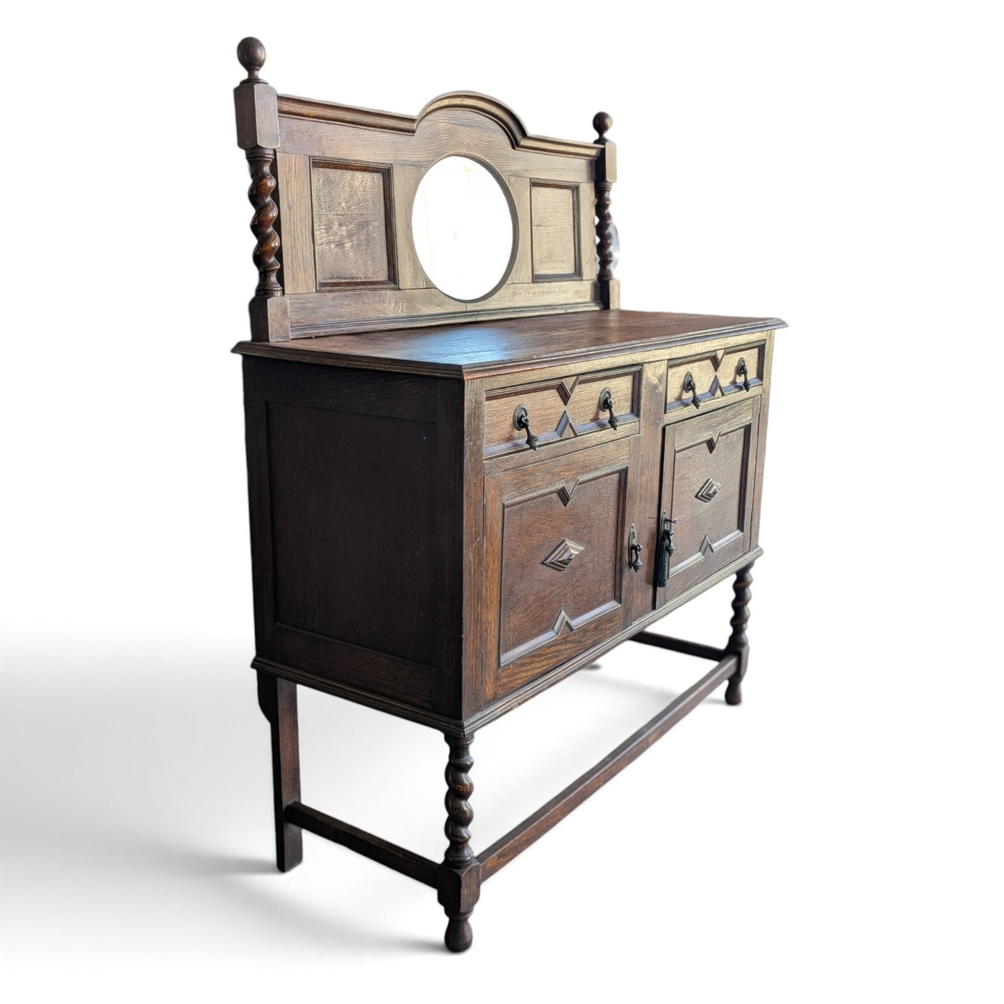 Antique Jacobean Revival Buffet with Mirrored Gallery and Barley-Twist Legs