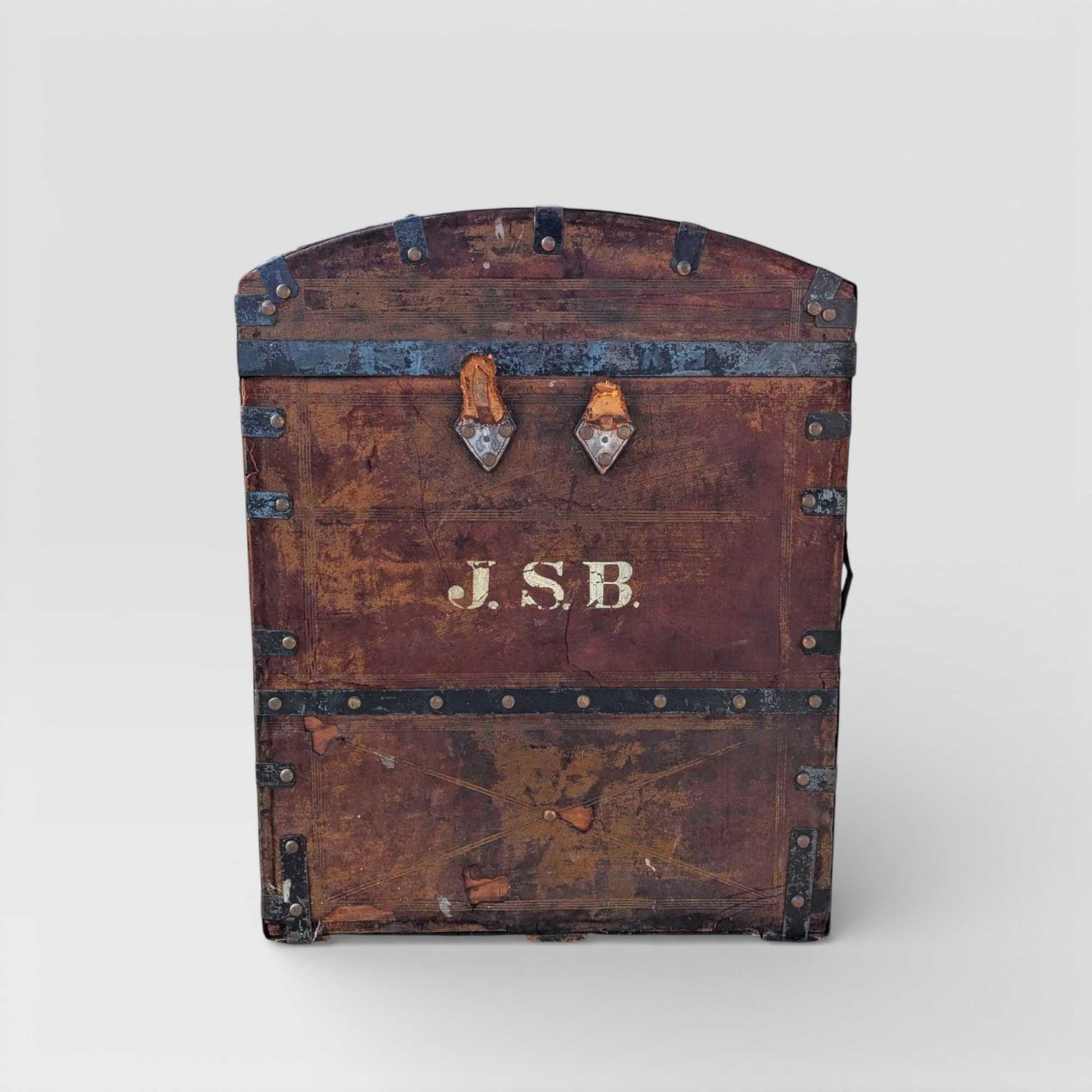 Antique Dome-Top Wooden Trunk with Original Iron Hardware and Patina, Late 19th Century