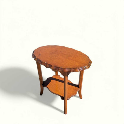 Vintage Oval Wood Side Table with Scalloped Edge and Lower Shelf