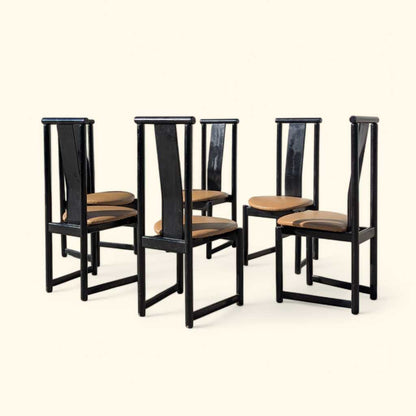 Set of Six BiF Postmodern Black Lacquer Dining Chairs, 1980s