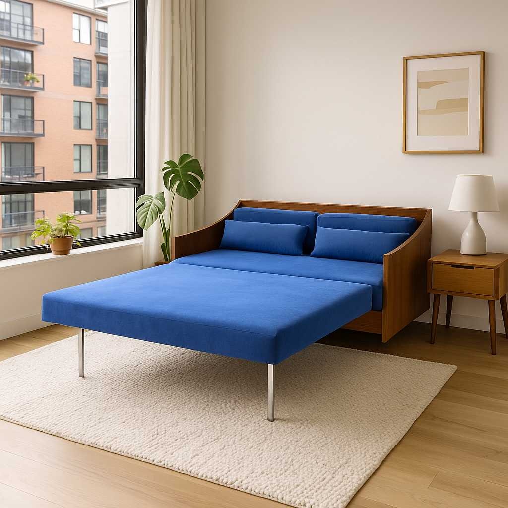 Mid-Century Canadian Teak Pull-Out Sofa Bed in Blue Upholstery, 1970s Modern Convertible Sleeper
