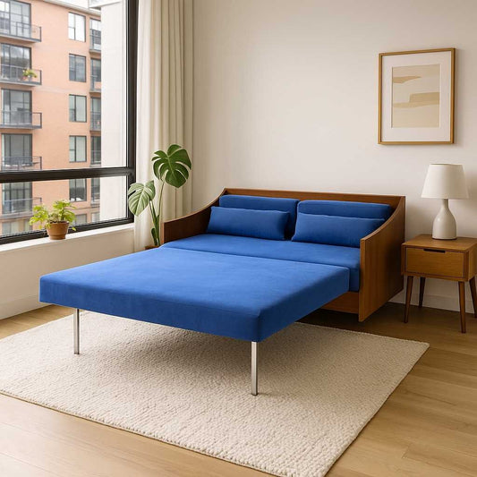 Mid-Century Canadian Teak Pull-Out Sofa Bed in Blue Upholstery, 1970s Modern Convertible Sleeper