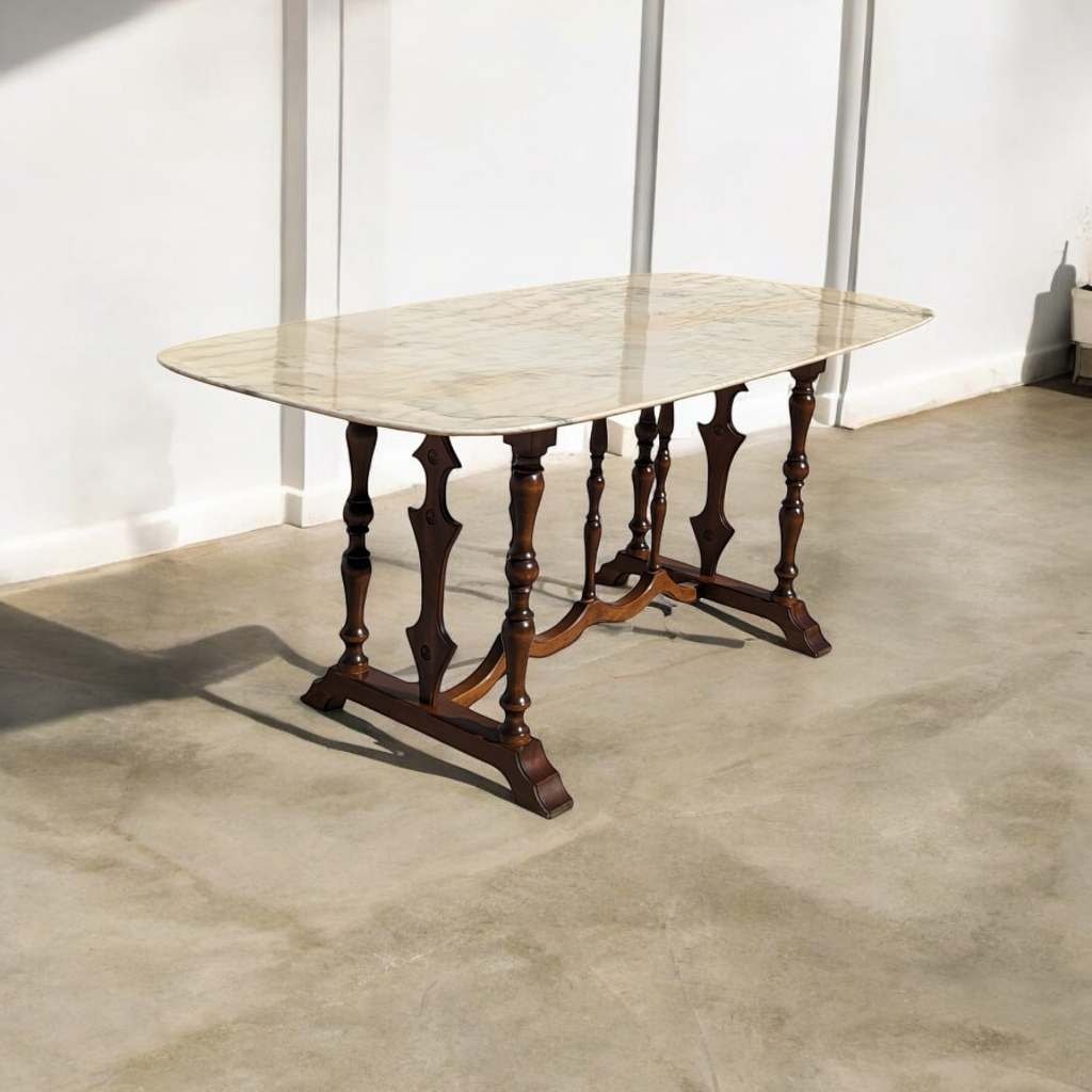 Antique Italian Oval Marble-Top Dining Table with Turned Wood Trestle Base