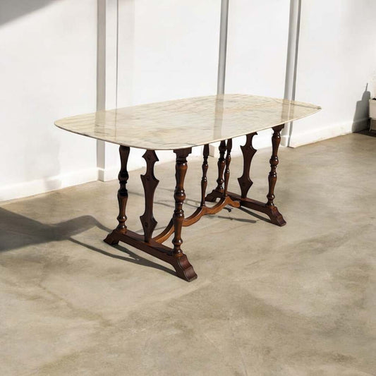 Antique Italian Oval Marble-Top Dining Table with Turned Wood Trestle Base