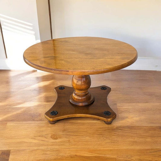 Vintage Round Solid Maple Pedestal End Table with Decorative Rosettes