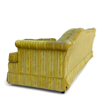 Vintage 96” Tufted Striped Sofa – Mid Century Curved Back Couch, Cleaned + New Foam Included, Unique Hollywood Regency Style