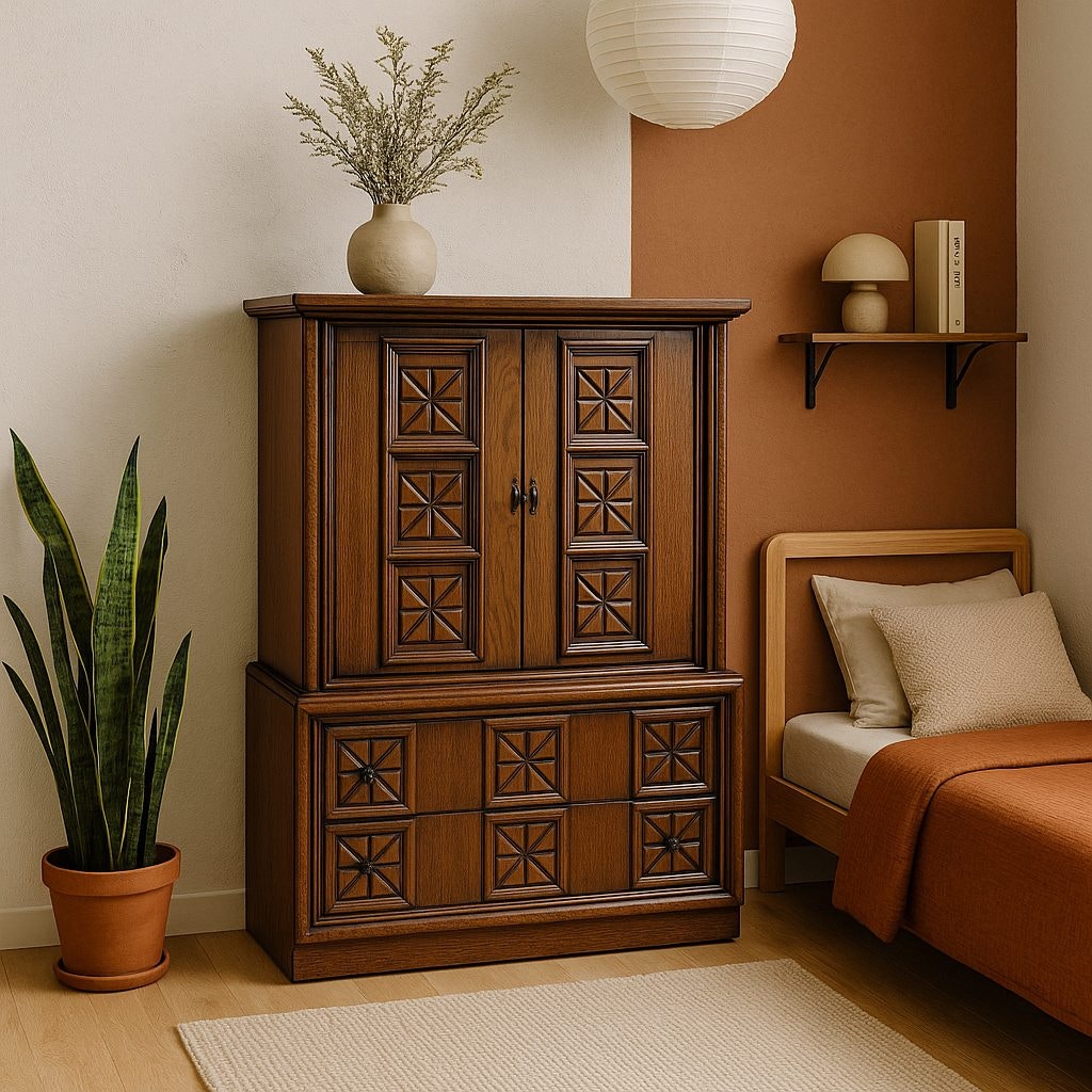 Vintage Brutalist Tallboy Dresser Cabinet c. 1970s