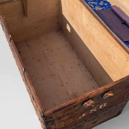 Antique Dome-Top Wooden Trunk with Original Iron Hardware and Patina, Late 19th Century
