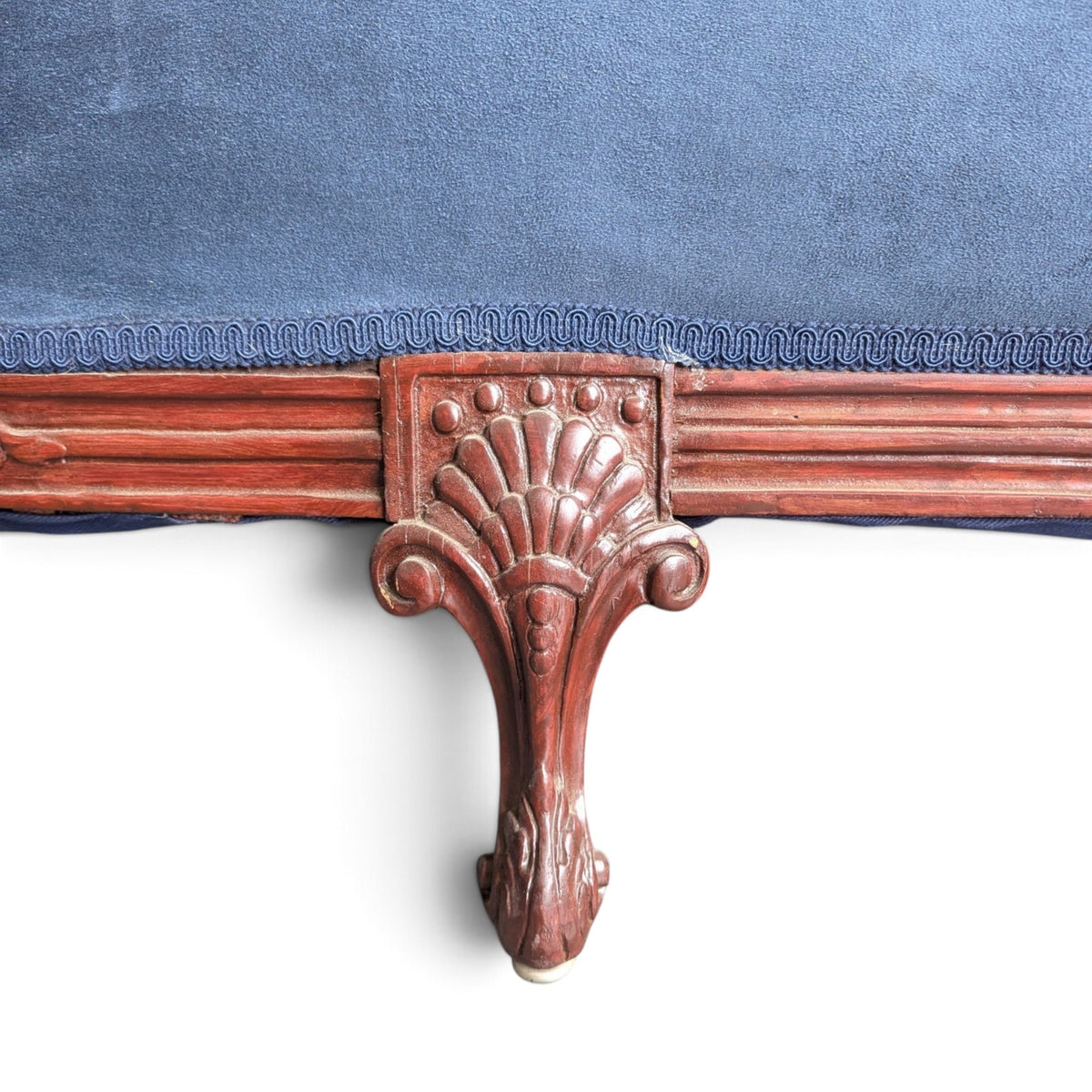 Vintage Union Jack Upholstered Sofa with Ornate Carved Wood Frame — view 7 of 16
