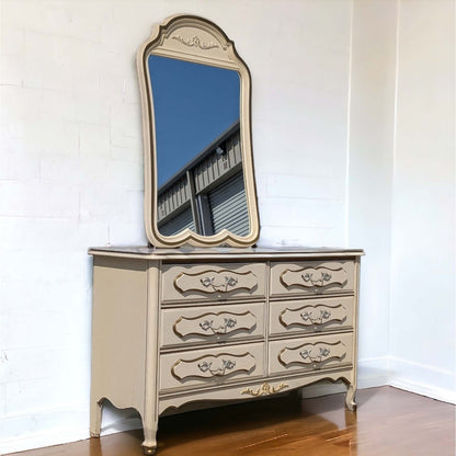 1970s French Provincial Six-Drawer Dresser with Mirror