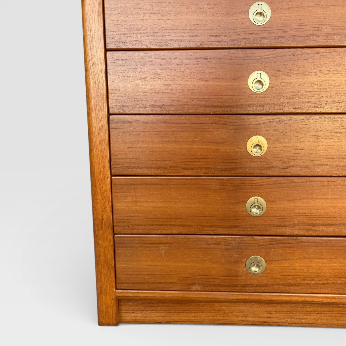 Mid-Century Modern D-Scan Captain Line Tallboy Dresser in Teak with Brass Pulls — view 9 of 16