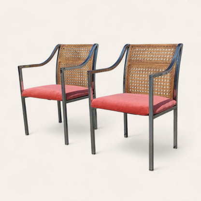 Pair of Mid-Century Chrome and Cane-Back Armchairs in Pink Velvet