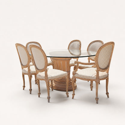 Vintage Carved Wood Oval Glass Dining Set with Six Upholstered Chairs