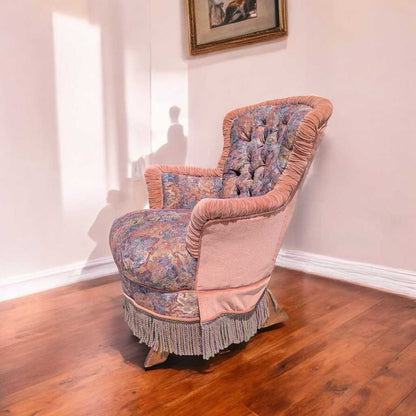 Antique Tufted Rocking Chair – Custom Upholstered Victorian Accent Chair with Fringe Trim & Floral Velvet Fabric