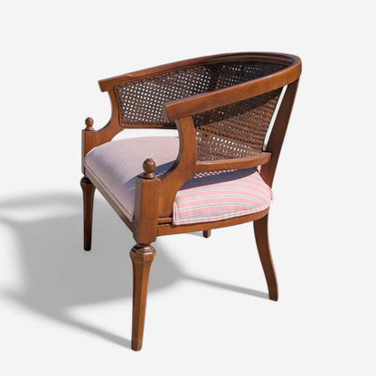 1970s Regency-Style Wood and Cane Barrel-Back Armchair