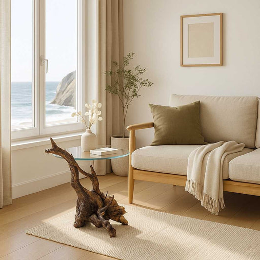 Vintage Driftwood Side Table with Acrylic Top